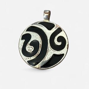 Vintage Abstract Black Design On Silver Tone Pendant